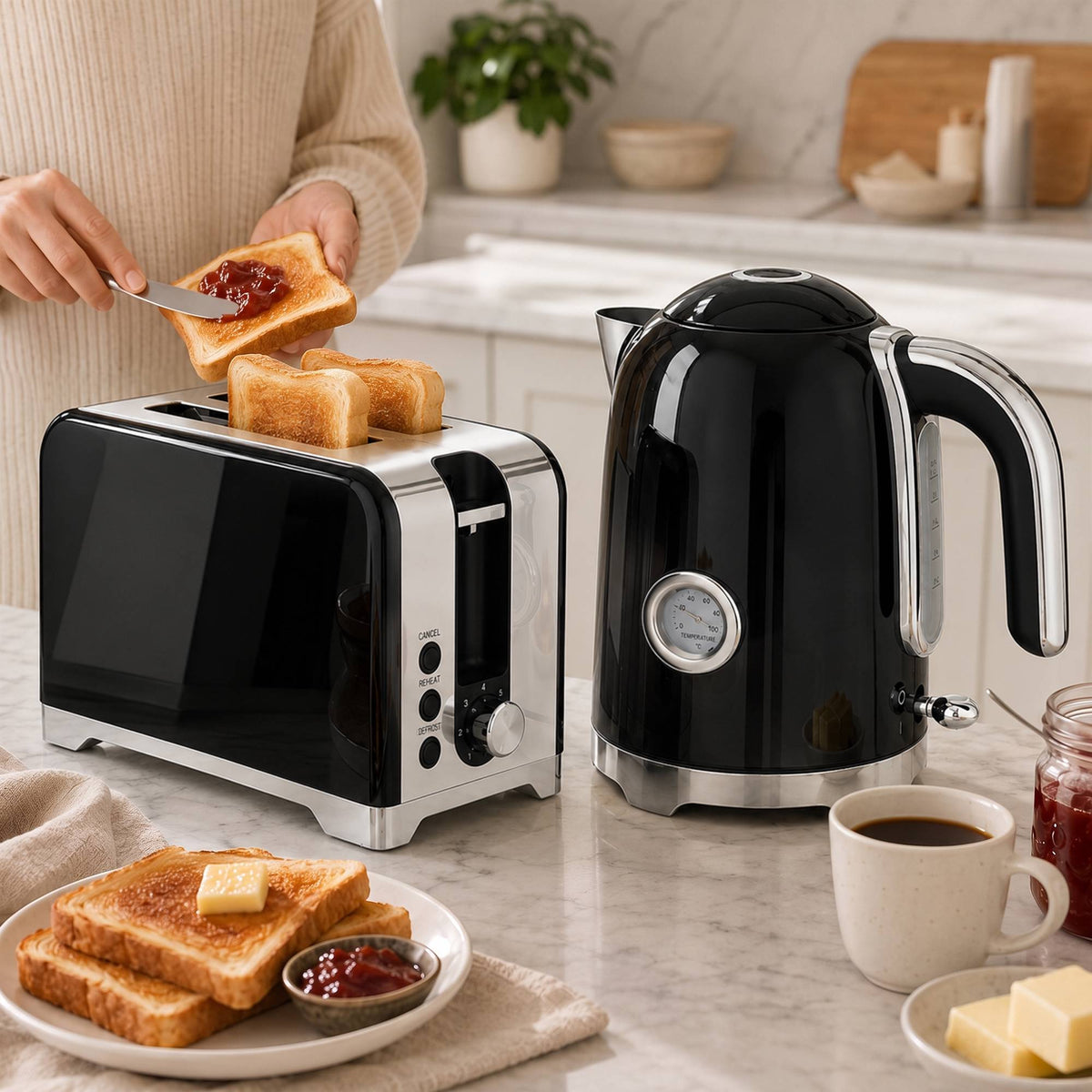 Electric Kettle & Toaster Set, 1.7L, 2200W, 7 Browning Levels