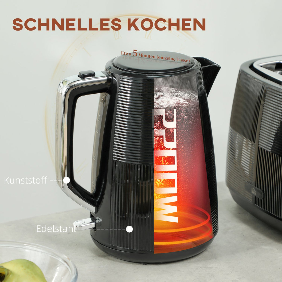 Electric Kettle & Toaster Set, 1.7L, Stainless Steel, Black