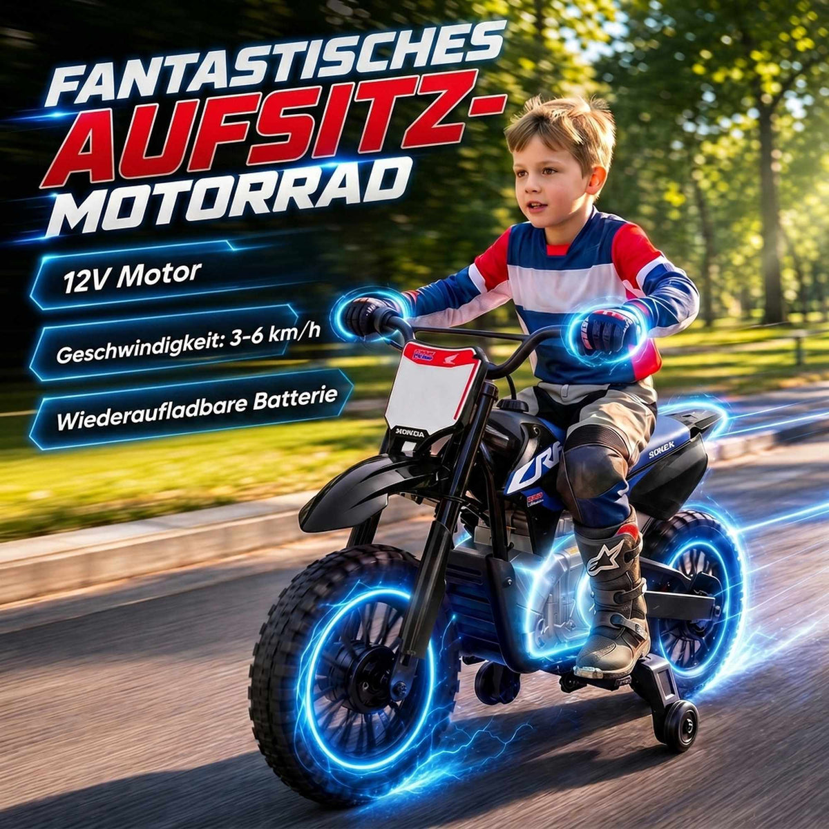 Electric Kids Motorcycle, 12V, Black & Blue, 3-6 km/h