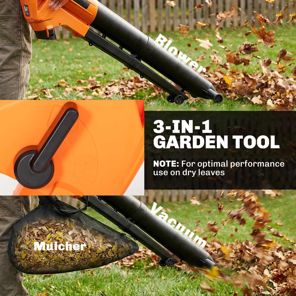 Electric Leaf Blower Vacuum 3000W, 3-in-1, 40L Bag, 4 Wheels