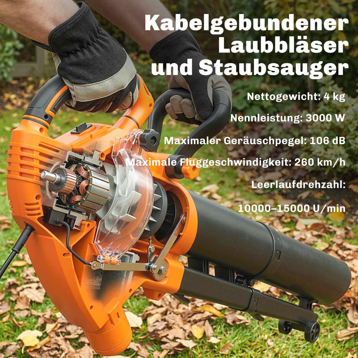 Electric Leaf Blower Vacuum 3000W, 3-in-1, 40L Bag, 4 Wheels