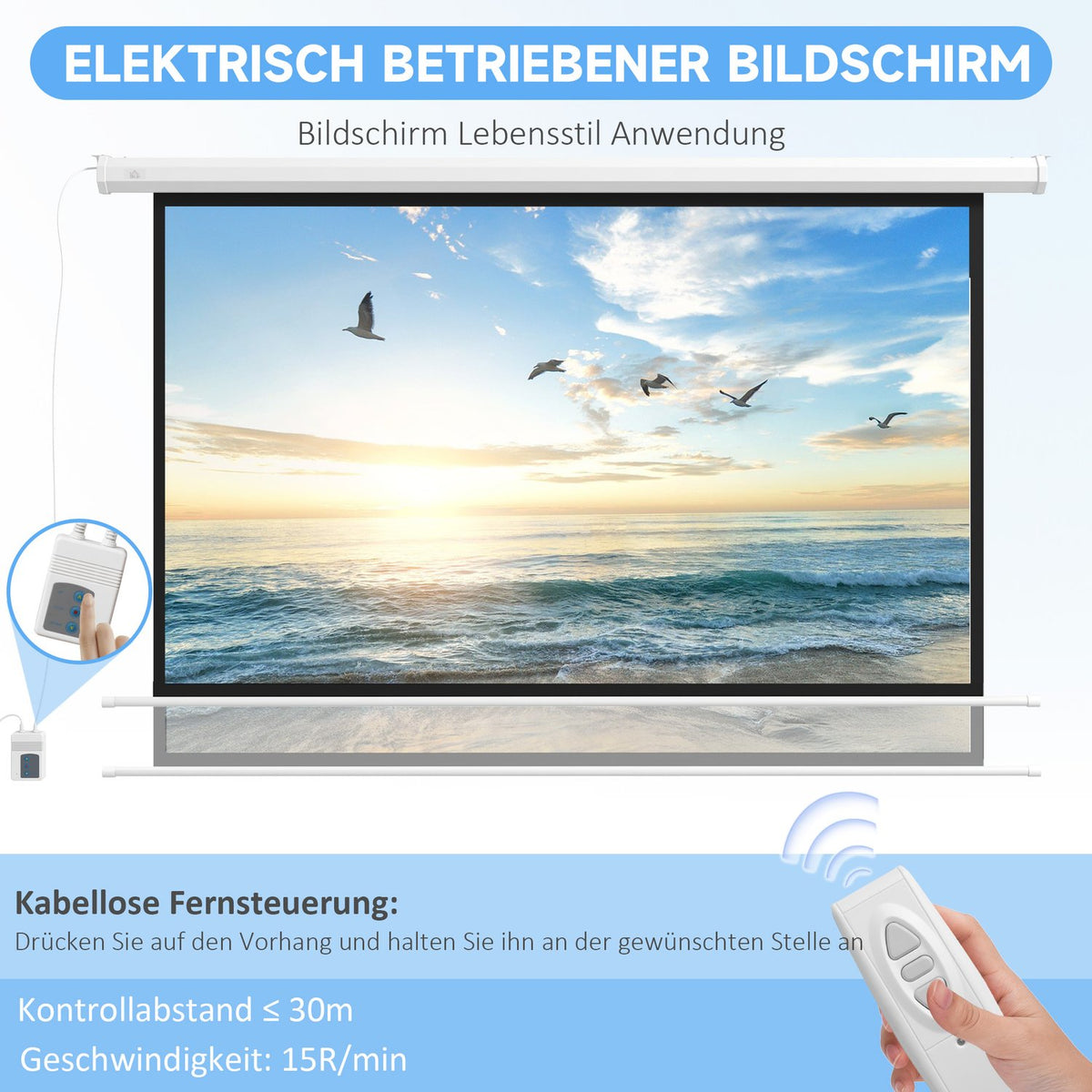 Electric Projector Screen 266 x 149 cm 16:9 Projection Screen with Remote Control for Home Cinema Presentation Metal White