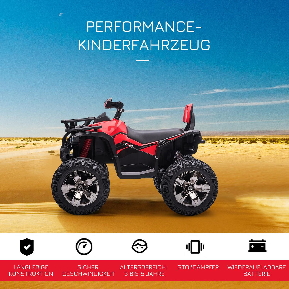 Electric Quad 12V Children'S Quad With Headlight, Usb Port, Mp3 Music Player, 3-5 Years, 3-8 Km/H, Metal, Red
