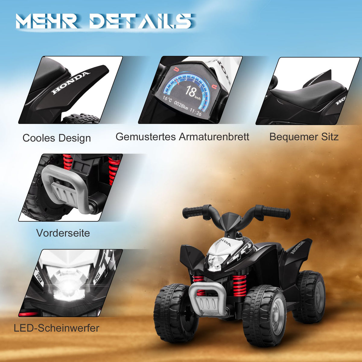 Electric Quad Mini Quad For Children Aged 18 Months And Over, Children'S Electric Atv With Led And Horn, Metal, Black