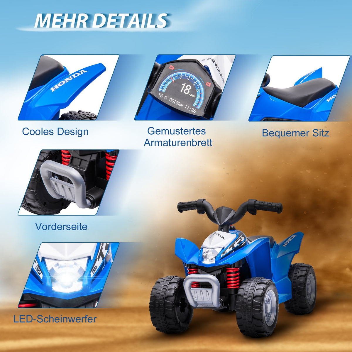 Electric Quad Miniquad Children's Electric ATV Children's Quad with LED and Horn Children's Motorcycle Children's Vehicle Electric Car for Children from 18 Months Metal Blue 65.5 x 38.5 x 43.5 cm