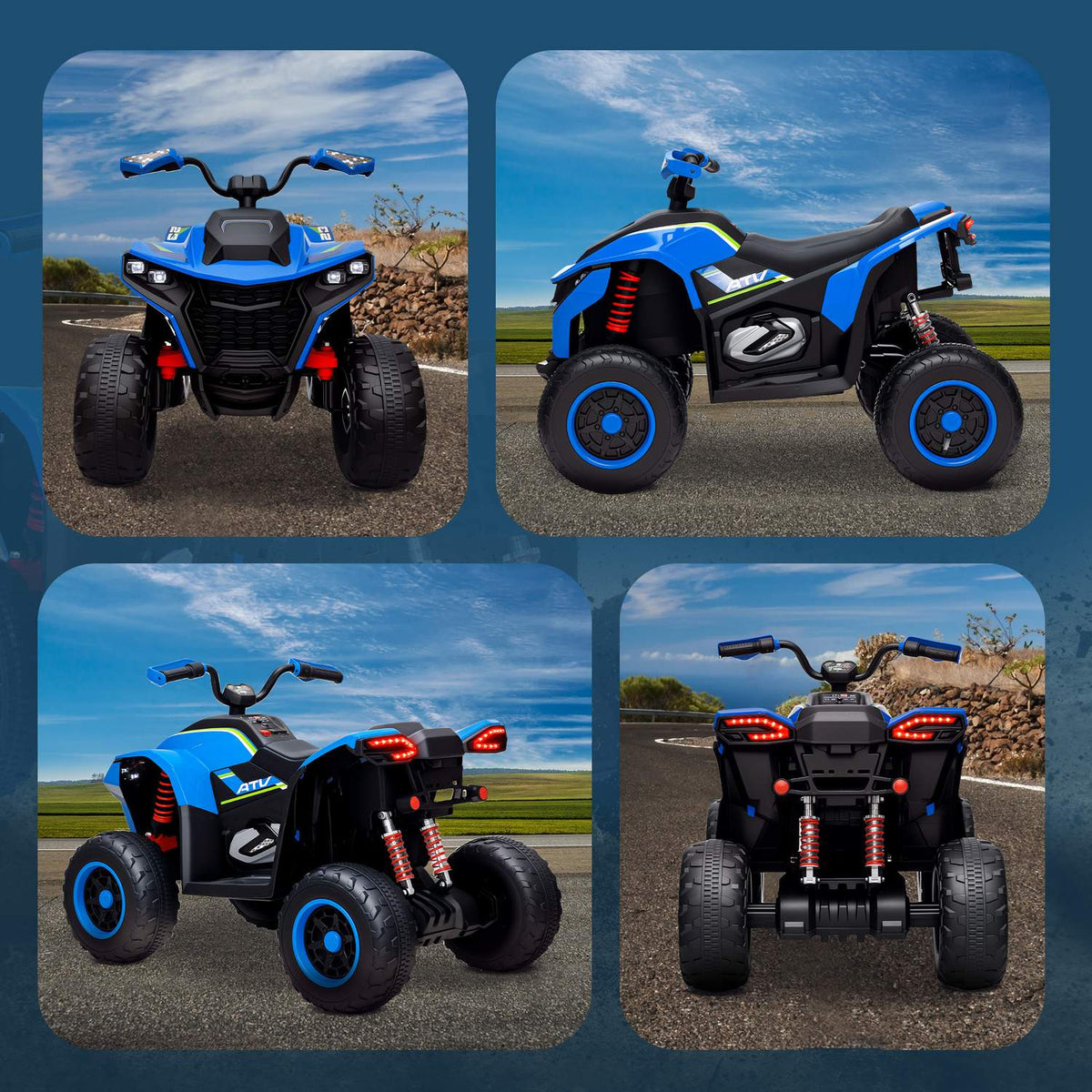 Electric Quad for Children 12V Electric Children's Quad with 2 Motors, 3-6km/h Children's Quad with Suspension, LED Light, Children's Car with USB, Music for 3-8 Years Children, Blue