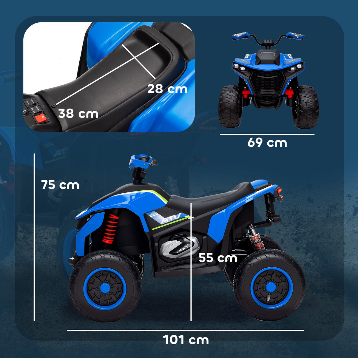 Electric Quad for Children 12V Electric Children's Quad with 2 Motors, 3-6km/h Children's Quad with Suspension, LED Light, Children's Car with USB, Music for 3-8 Years Children, Blue