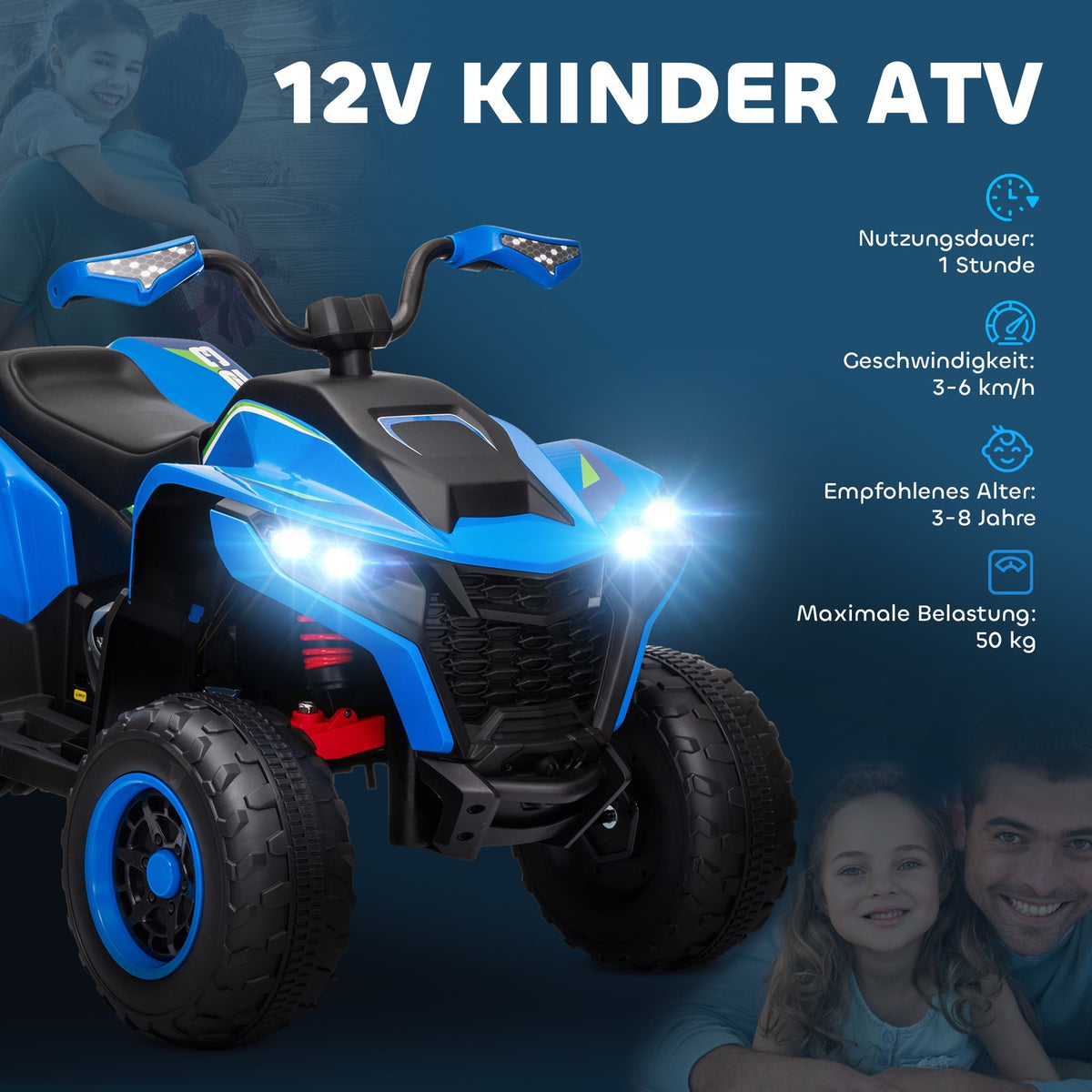 Electric Quad for Children 12V Electric Children's Quad with 2 Motors, 3-6km/h Children's Quad with Suspension, LED Light, Children's Car with USB, Music for 3-8 Years Children, Blue