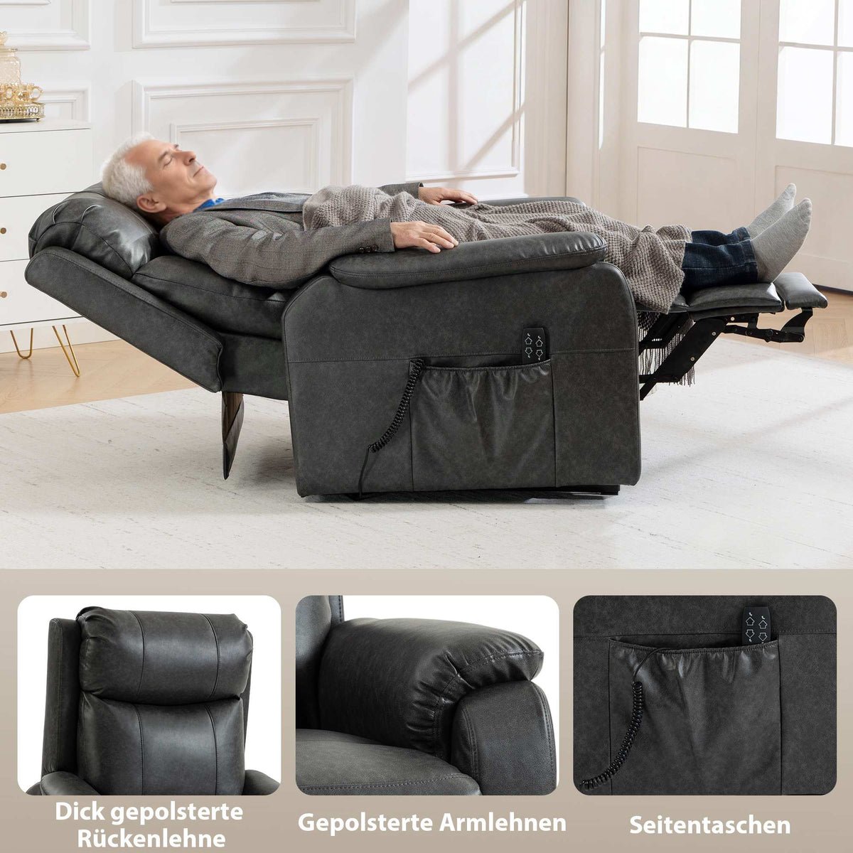 Electric Recliner Chair, Black Faux Leather, Dual Motor