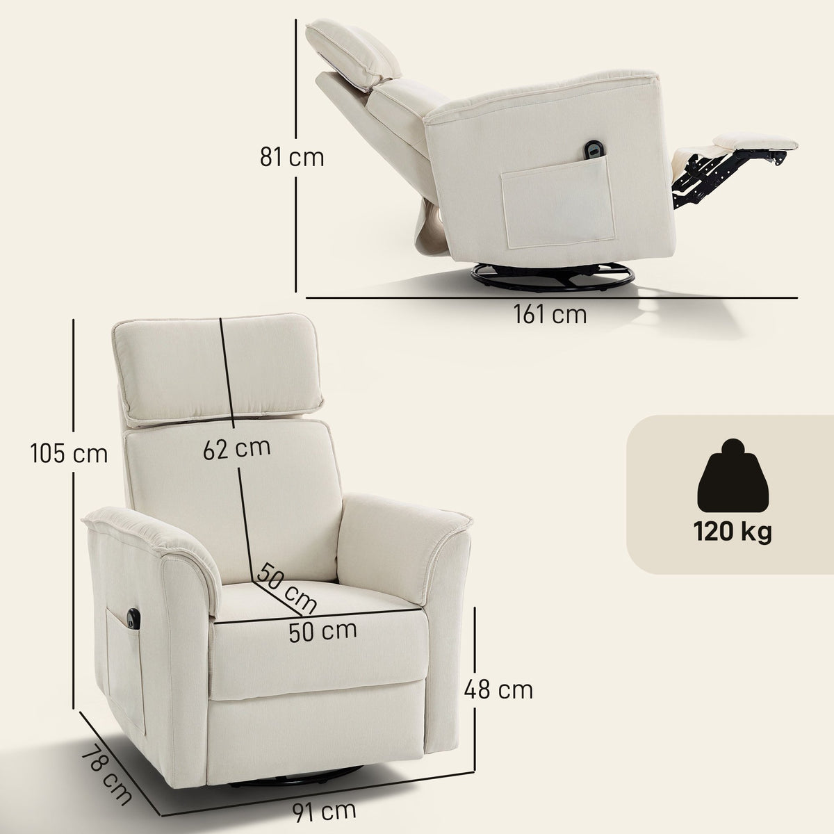 Electric Recliner Chair with Adjustable Headrest, Cream White