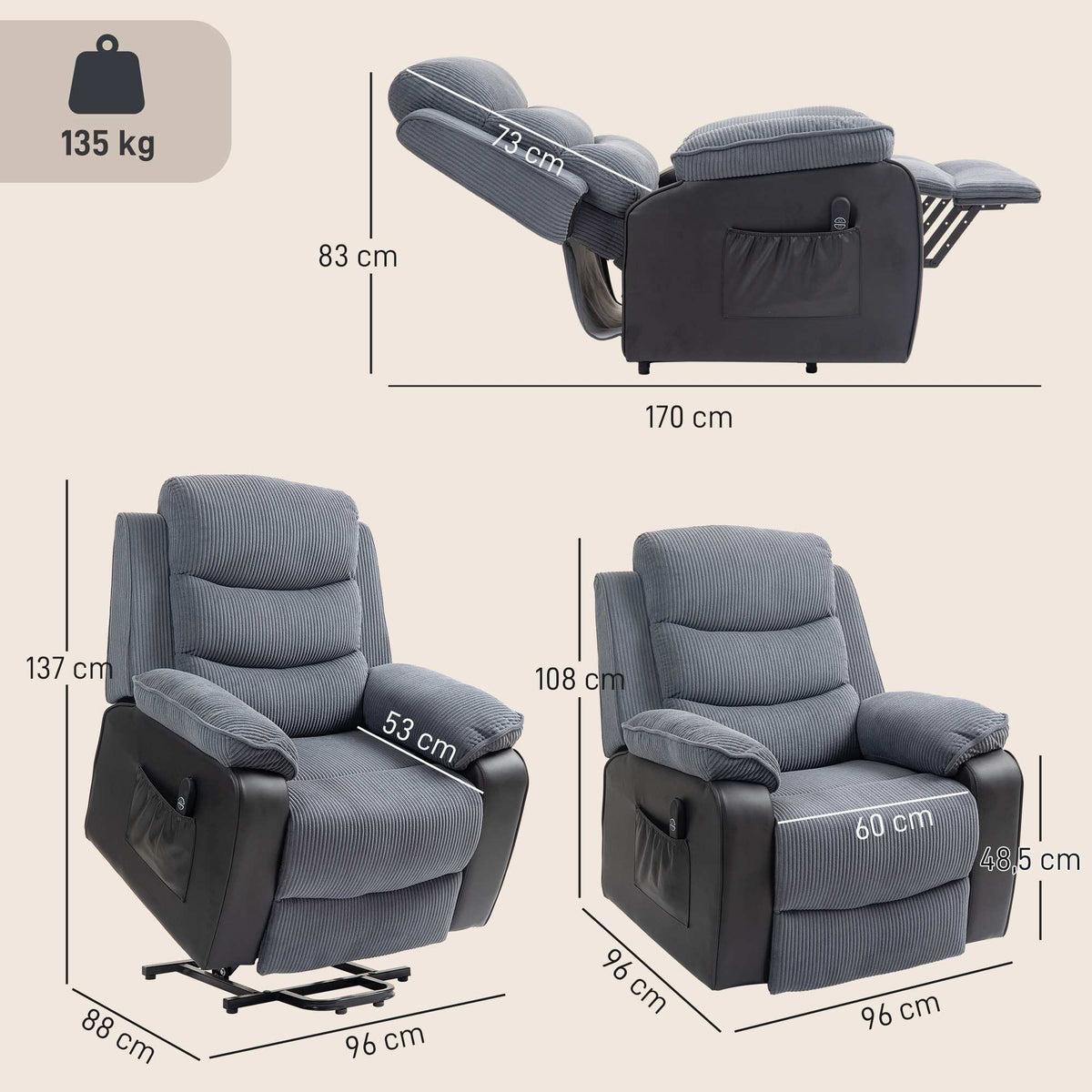 Electric Recliner Chair with Corduroy Cover, Dark Grey
