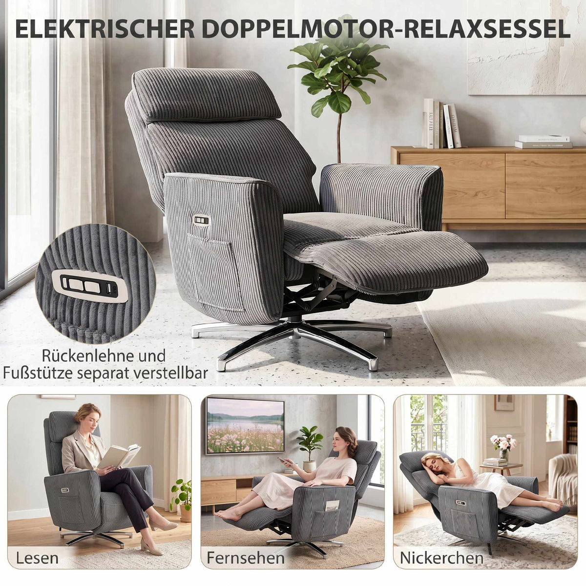Electric Recliner Chair with Dual Motors, USB Port, Dark Grey