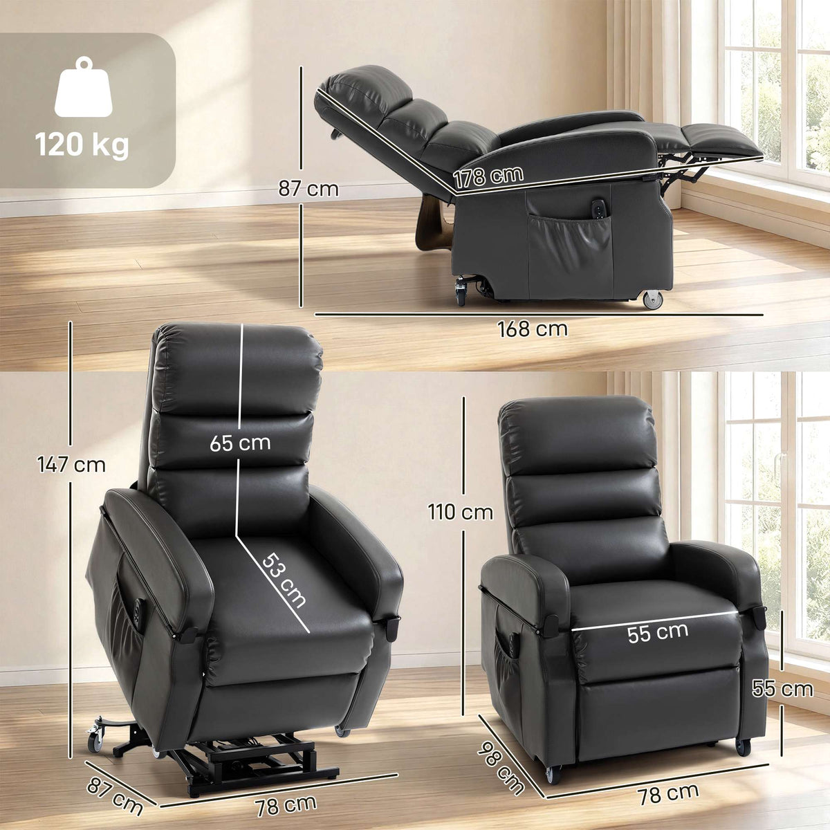 Electric Recliner Chair with Lift, Faux Leather, Dark Grey