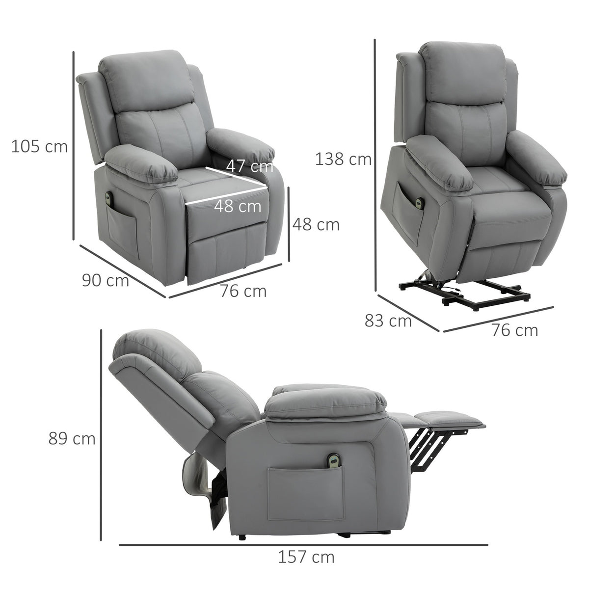 Electric Recliner Chair with Lift, Faux Leather, Grey