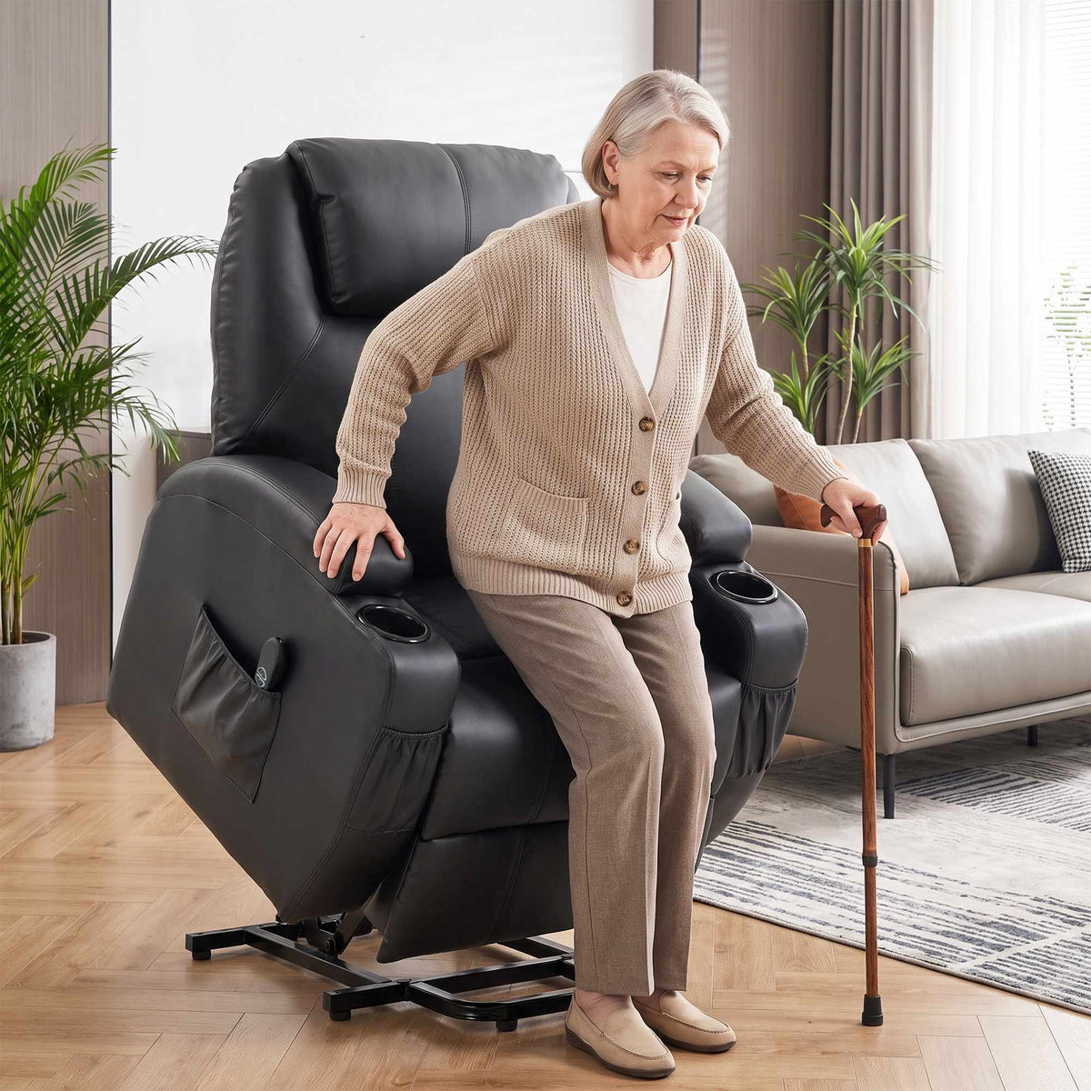 Electric Recliner Chair with Lift, USB, Black Faux Leather