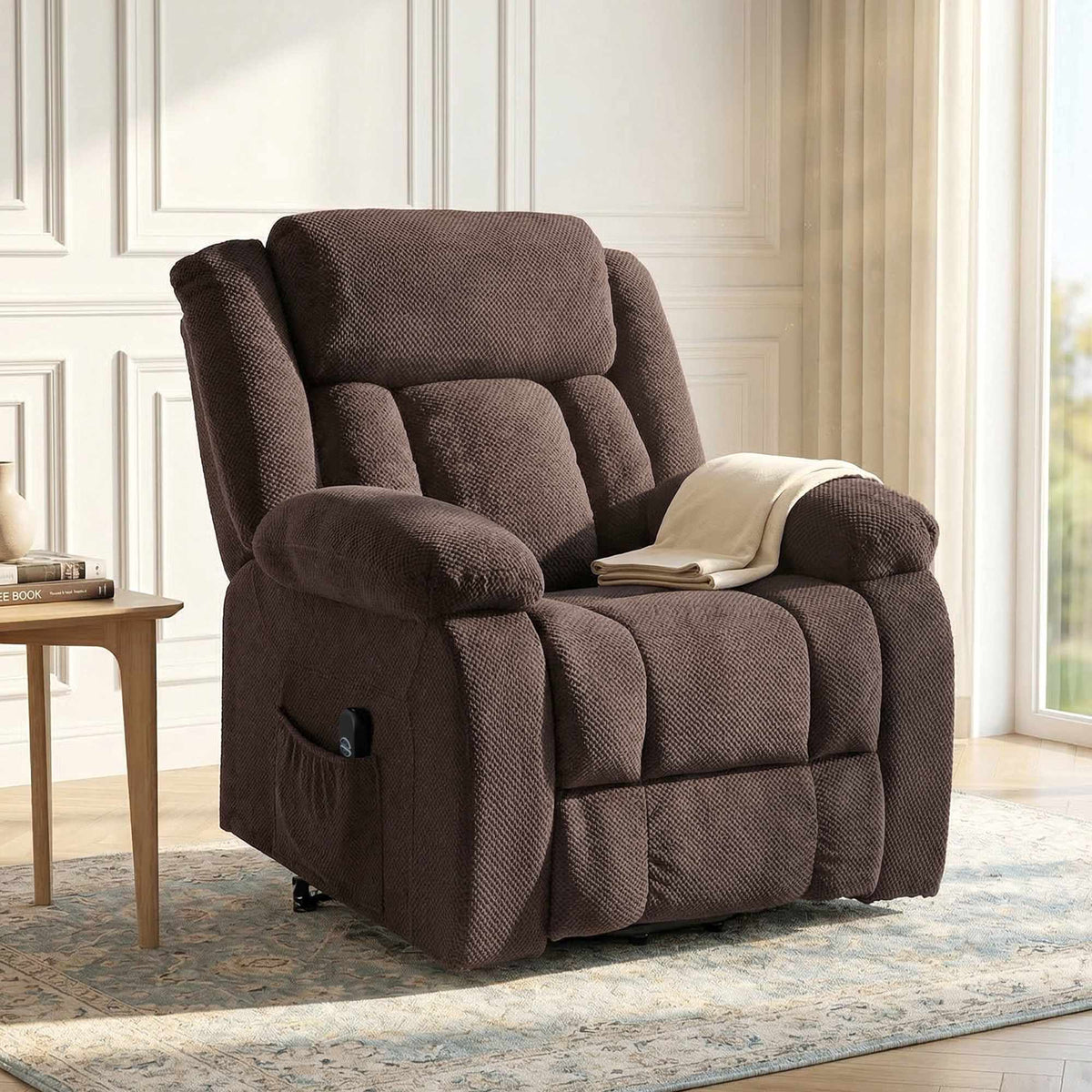 Electric Recliner Chair with Lift, USB, and Side Pockets, Brown