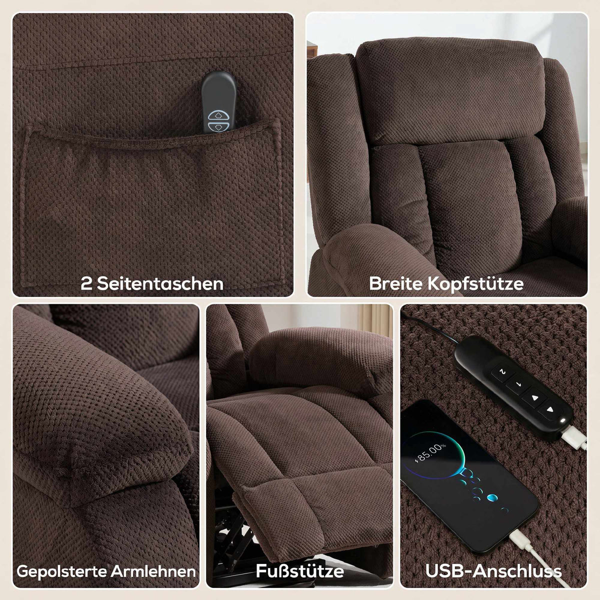 Electric Recliner Chair with Lift, USB, and Side Pockets, Brown