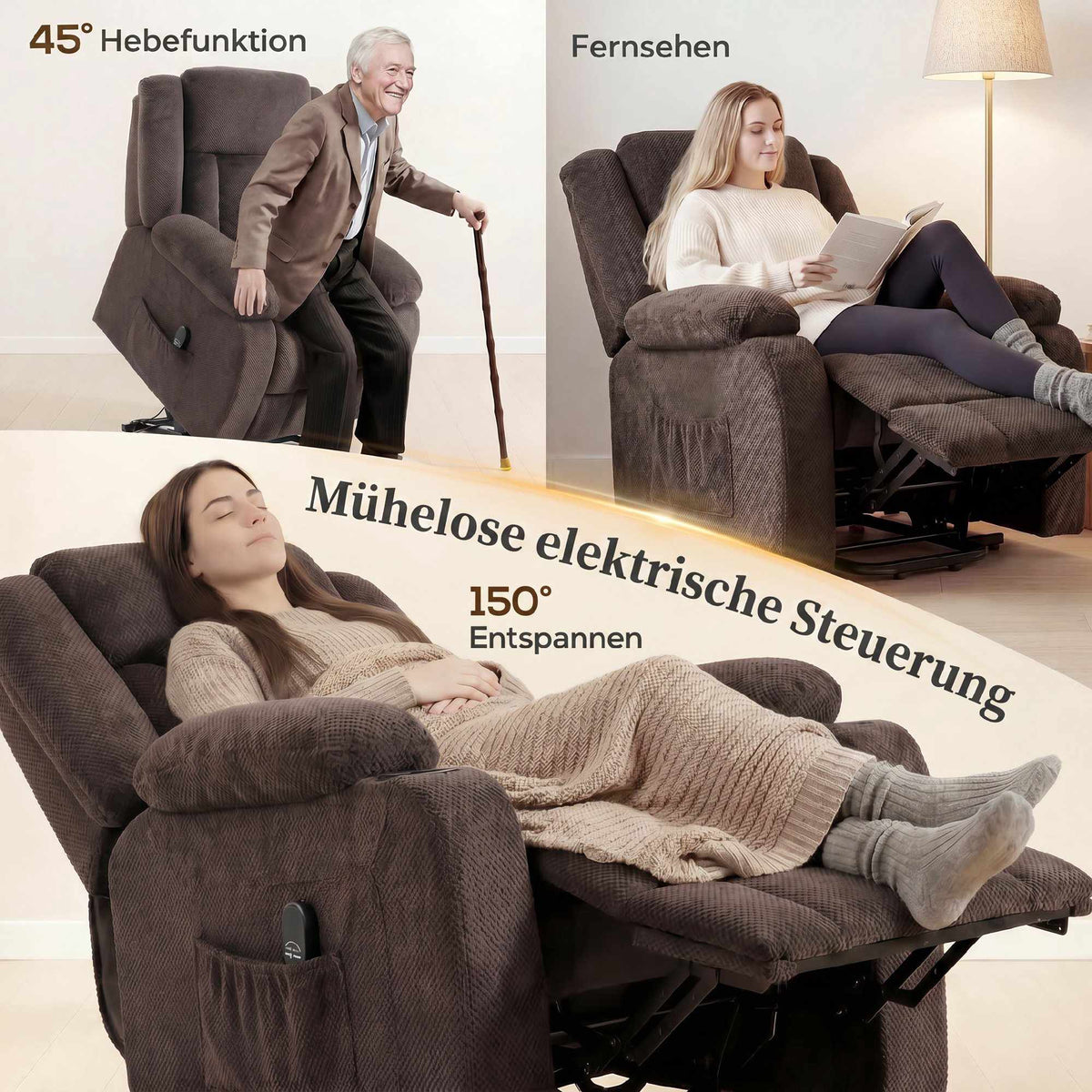 Electric Recliner Chair with Lift, USB, and Side Pockets, Brown