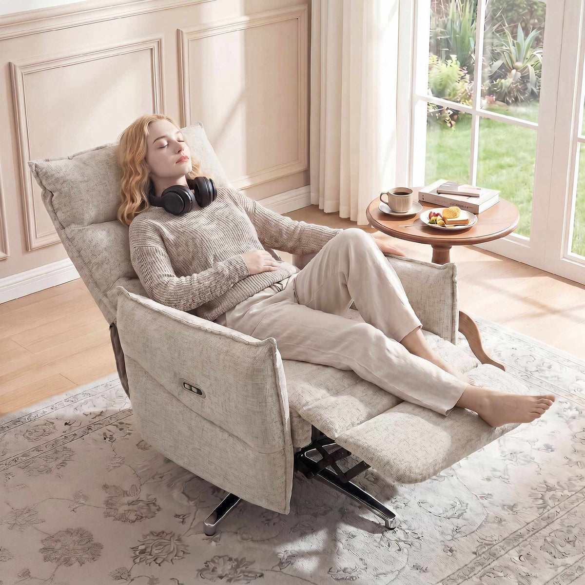 Electric Recliner Chair with USB Ports, Beige Linen Fabric