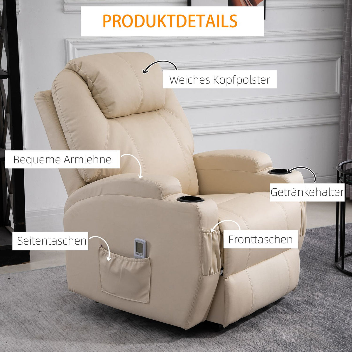 Electric Relaxation Chair Tv Chair Massage Chair Massage Function Reclining Function Faux Leather Wood Metal Foam Beige 82 X 97 X 110 Cm