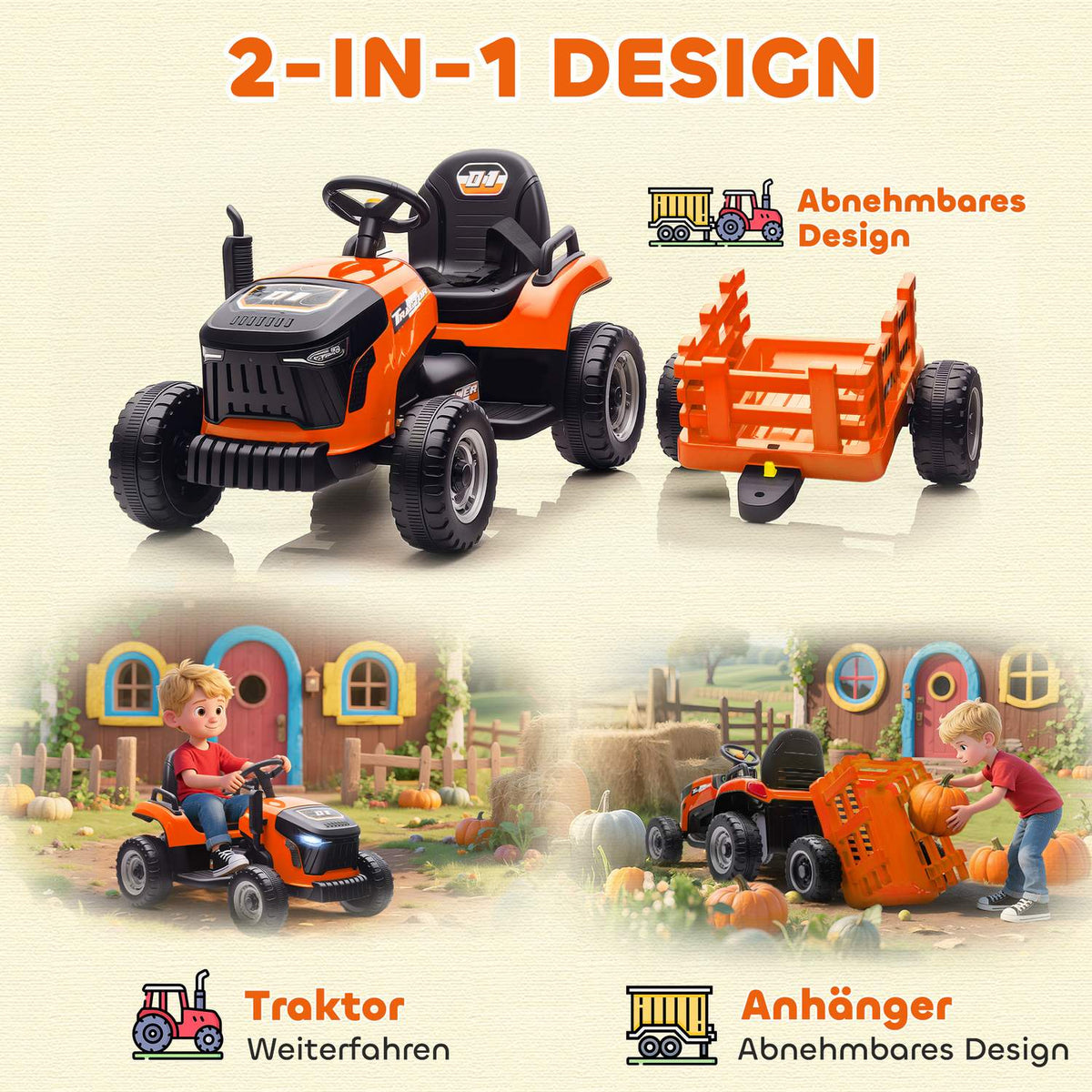 Electric Ride-On Tractor for Kids, Remote Control, Ages 3-8, Orange