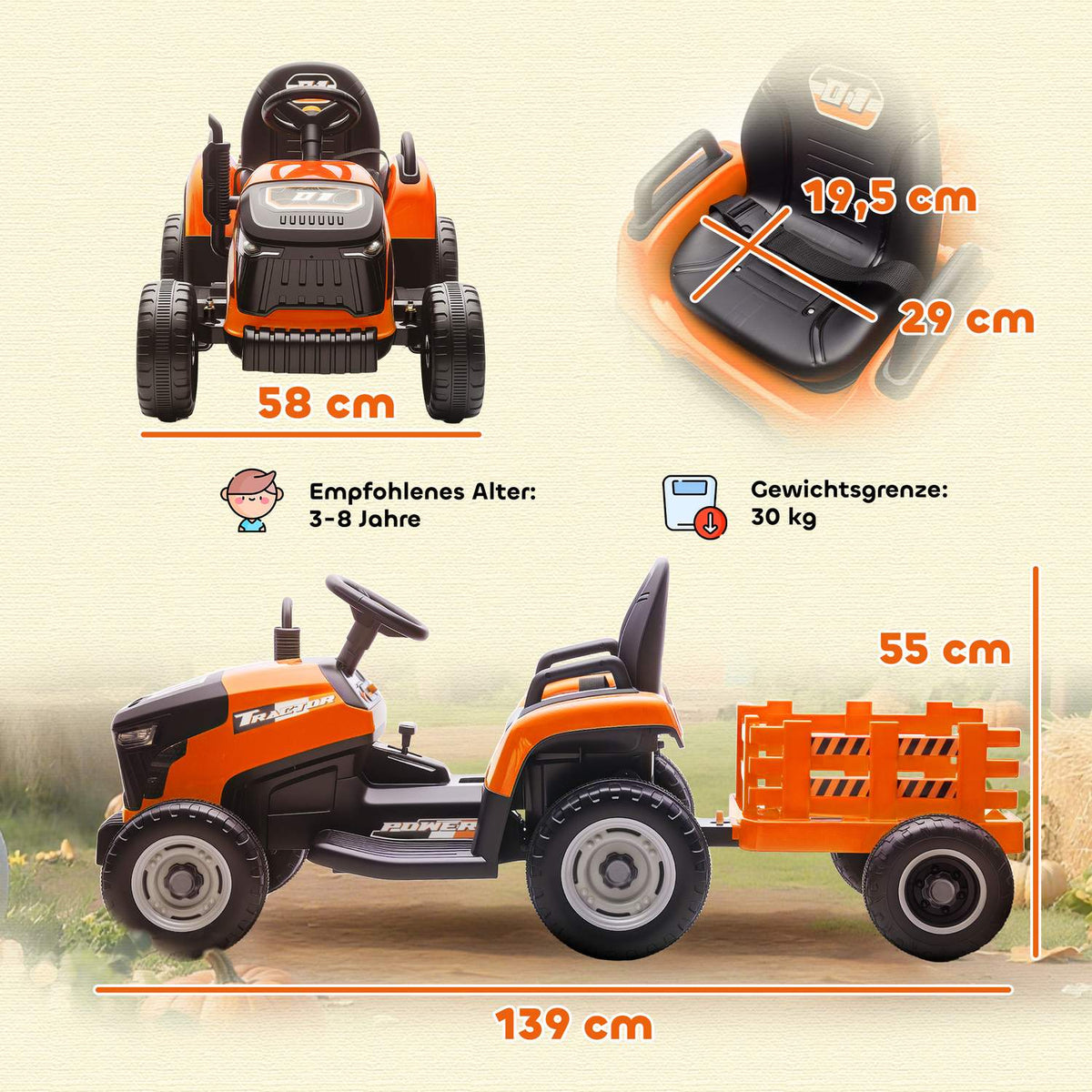 Electric Ride-On Tractor for Kids, Remote Control, Ages 3-8, Orange