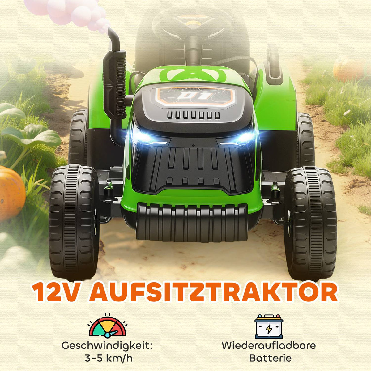 Electric Ride-On Tractor with Remote, Ages 3-8, Green