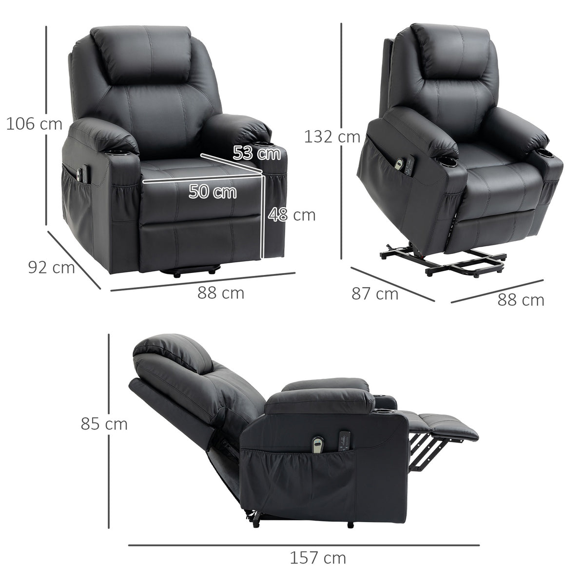 Electric Stand-Up Chair, Massage Chair With Stand-Up Aid, Relaxation Chair With Reclining Function, Tv Chair With Remote Control, Side Pockets, Pu