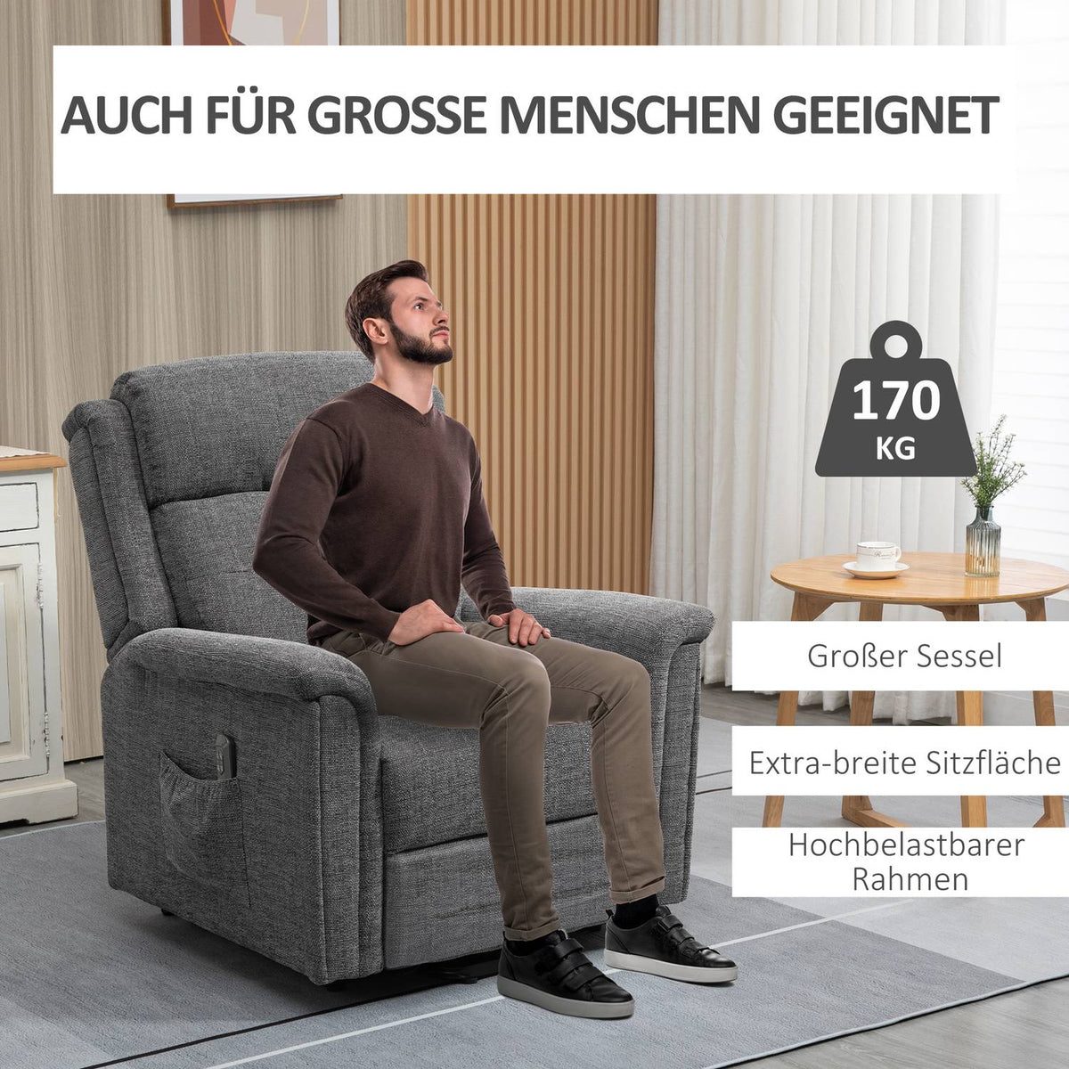 Electric Stand-Up Chair, Tv Chair, Relaxation Chair With Reclining Function, Senior Chair With Remote Control, Load Capacity Up To 170 Kg, Gray, 89X96X108 Cm