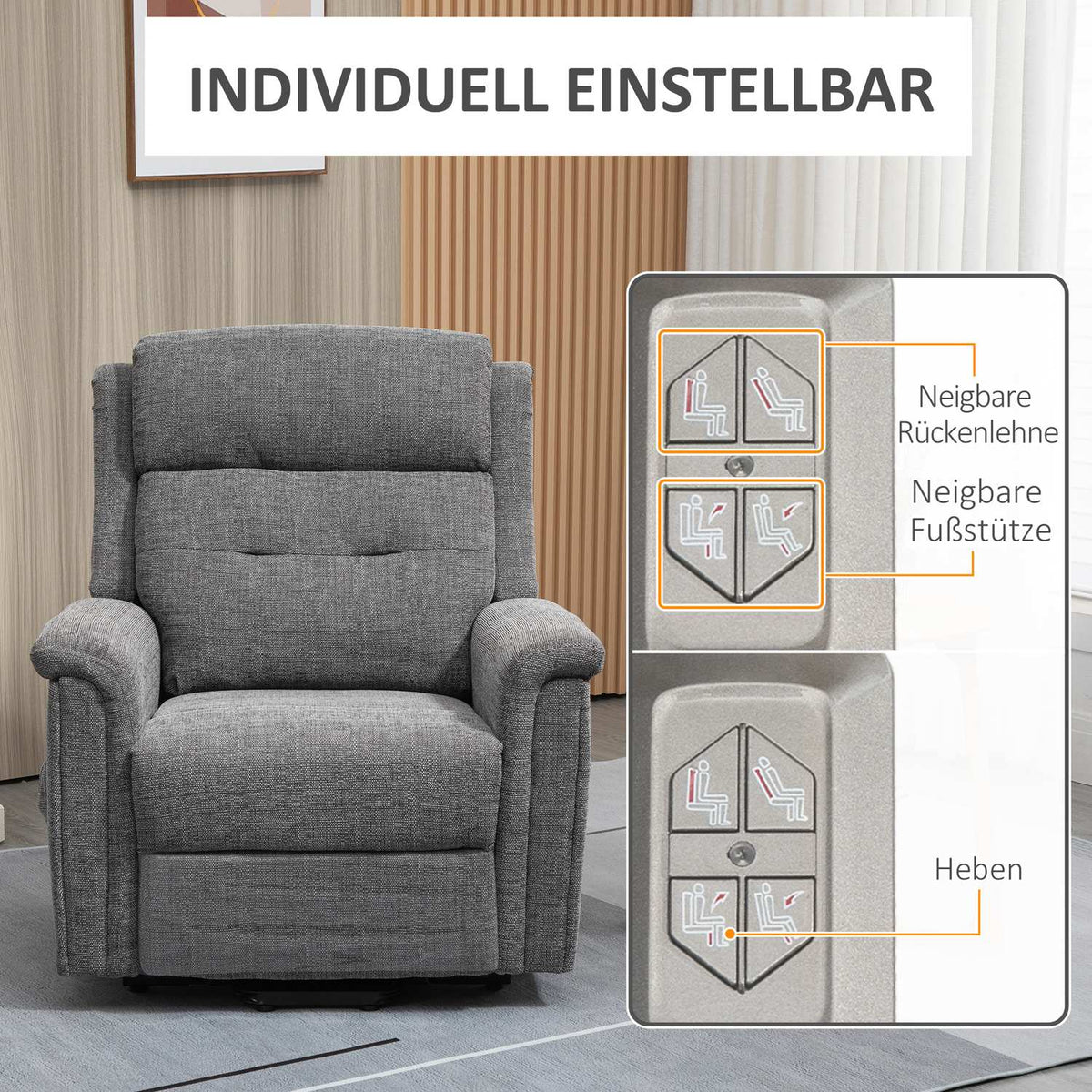 Electric Stand-Up Chair, Tv Chair, Relaxation Chair With Reclining Function, Senior Chair With Remote Control, Load Capacity Up To 170 Kg, Gray, 89X96X108 Cm