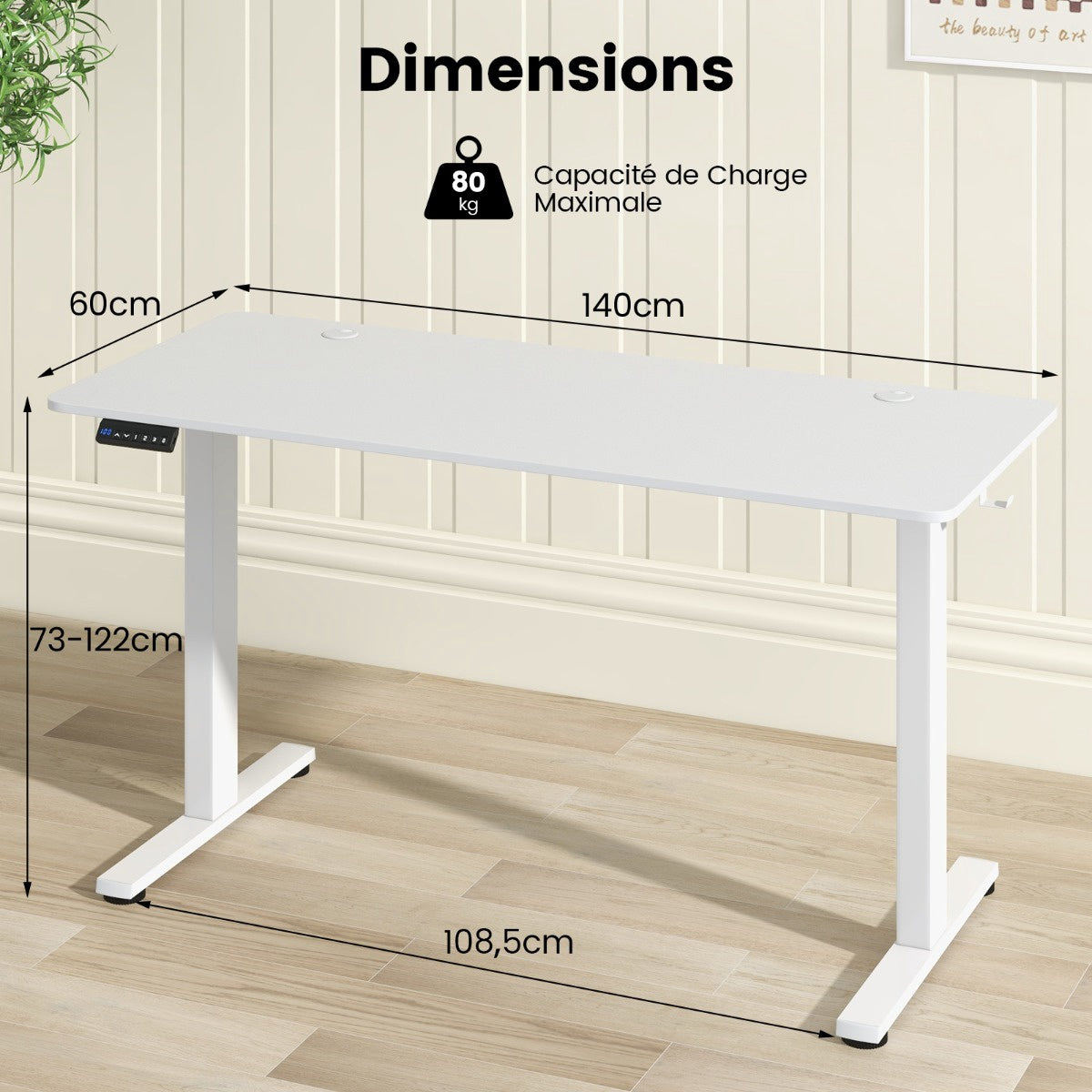 Electric Standing Desk 140 x 60 cm, Height Adjustable, White