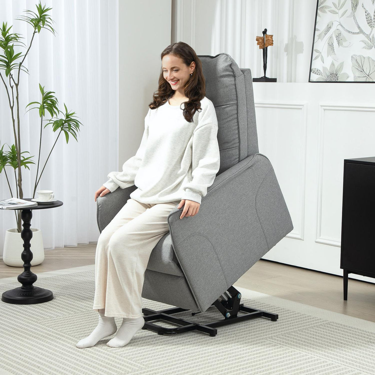 Electric TV armchair with stand-up aid, relaxation armchair with reclining function, TV armchair with remote control, side pocket, pocket spring and linen look for living room, up to 150kg, gray