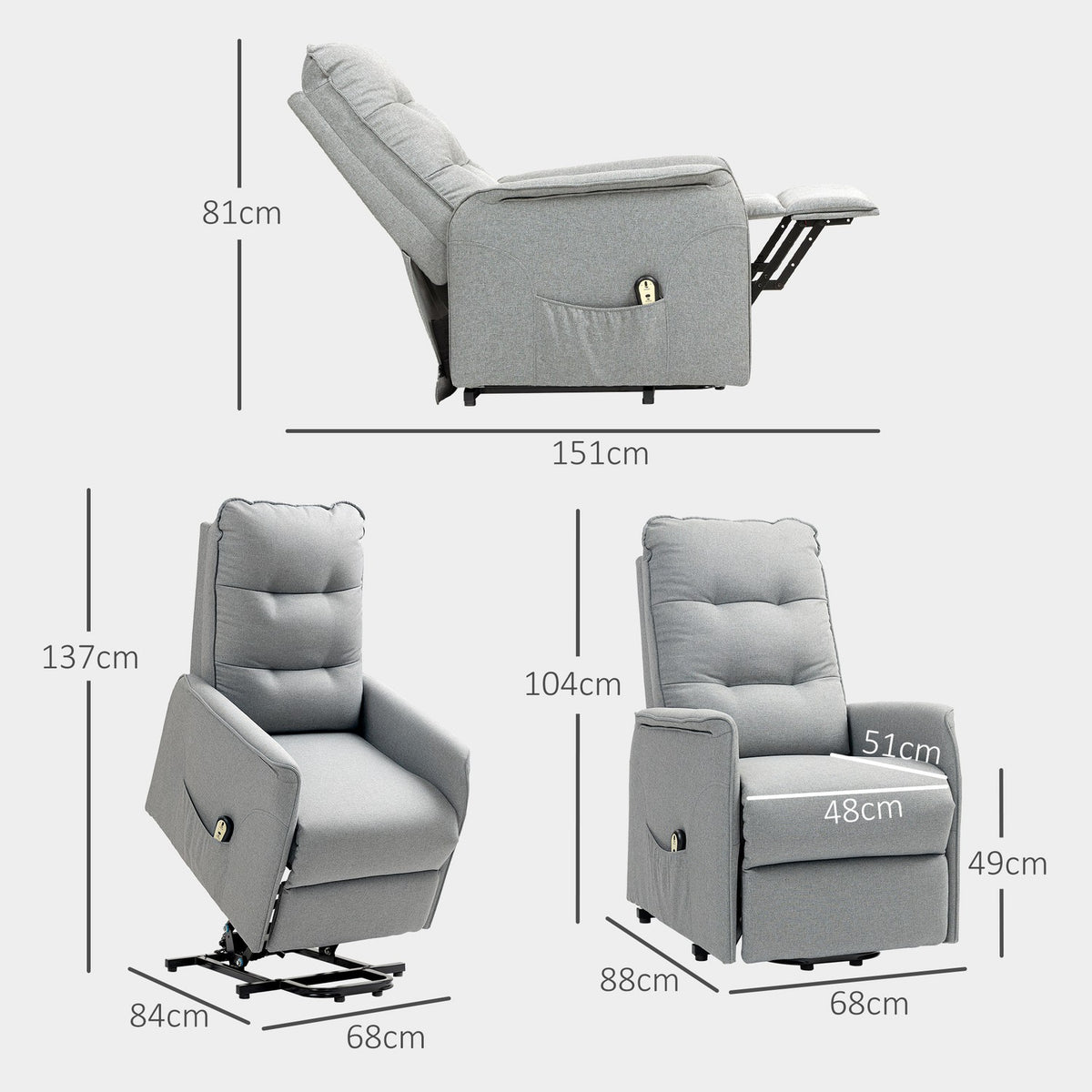 Electric TV armchair with stand-up aid, relaxation armchair with reclining function, TV armchair with remote control, side pocket, pocket spring and linen look for living room, up to 150kg, gray