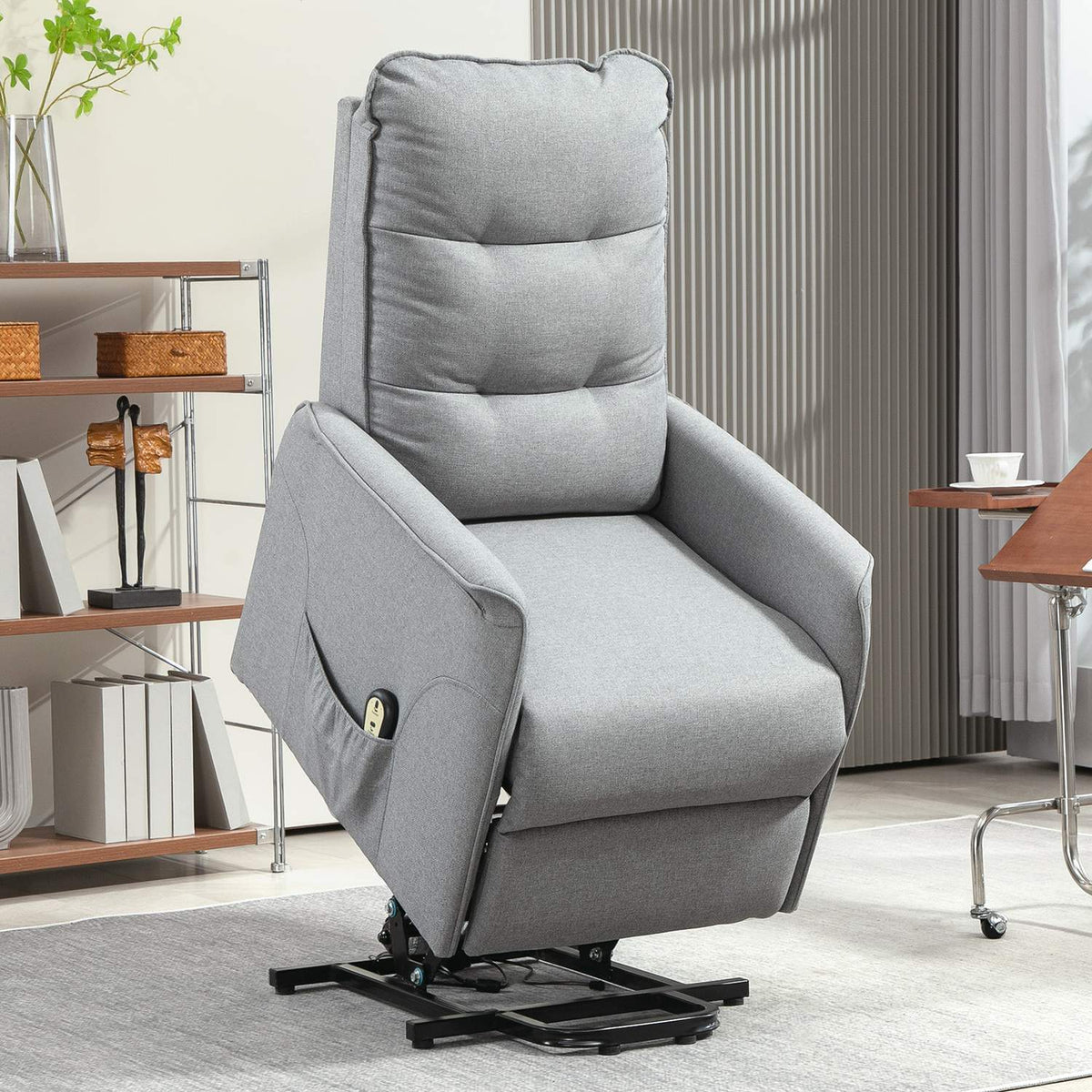 Electric TV armchair with stand-up aid, relaxation armchair with reclining function, TV armchair with remote control, side pocket, pocket spring and linen look for living room, up to 150kg, gray