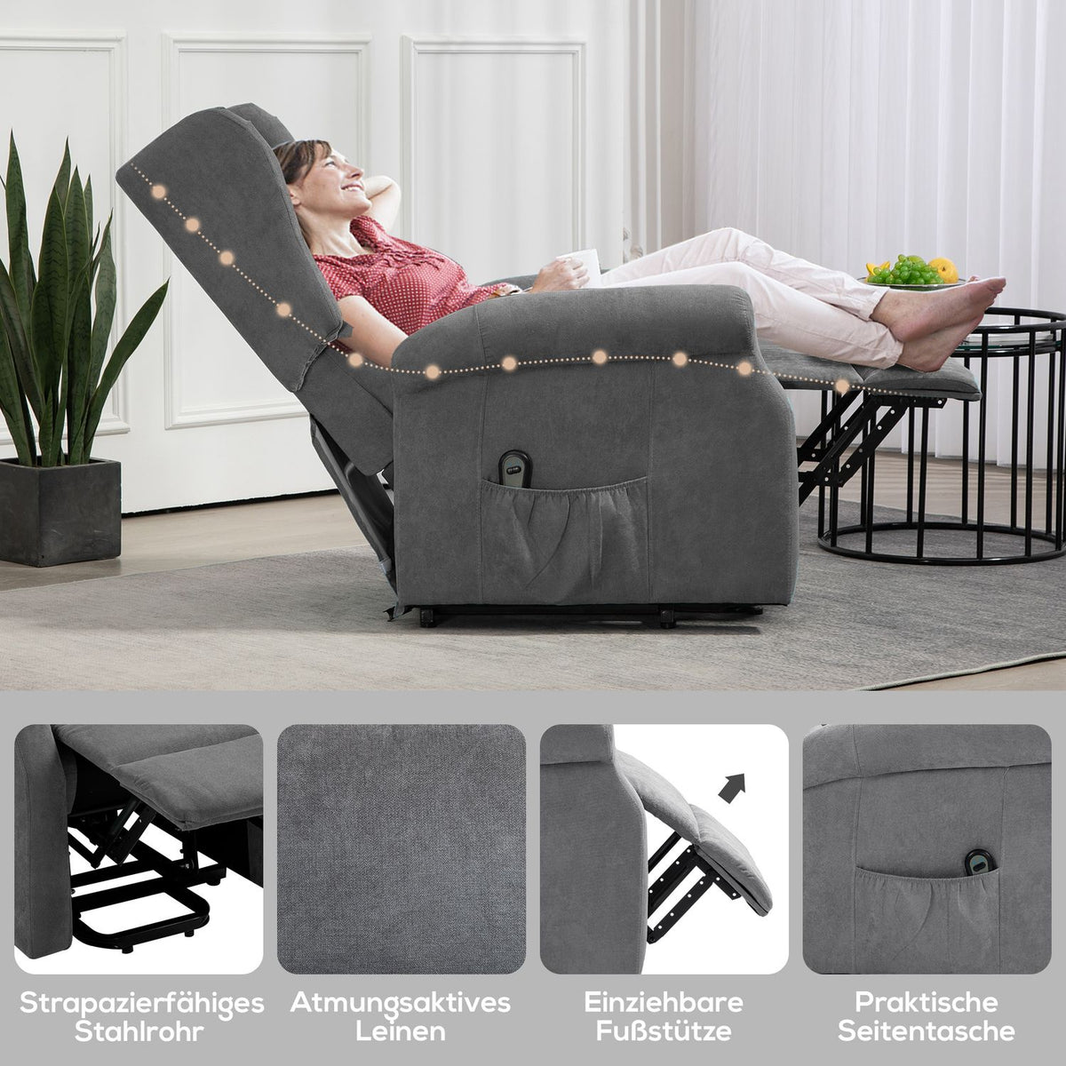 Electric TV armchair with stand-up aid, relaxation armchair with reclining function, linen look, TV armchair with side pocket, remote control