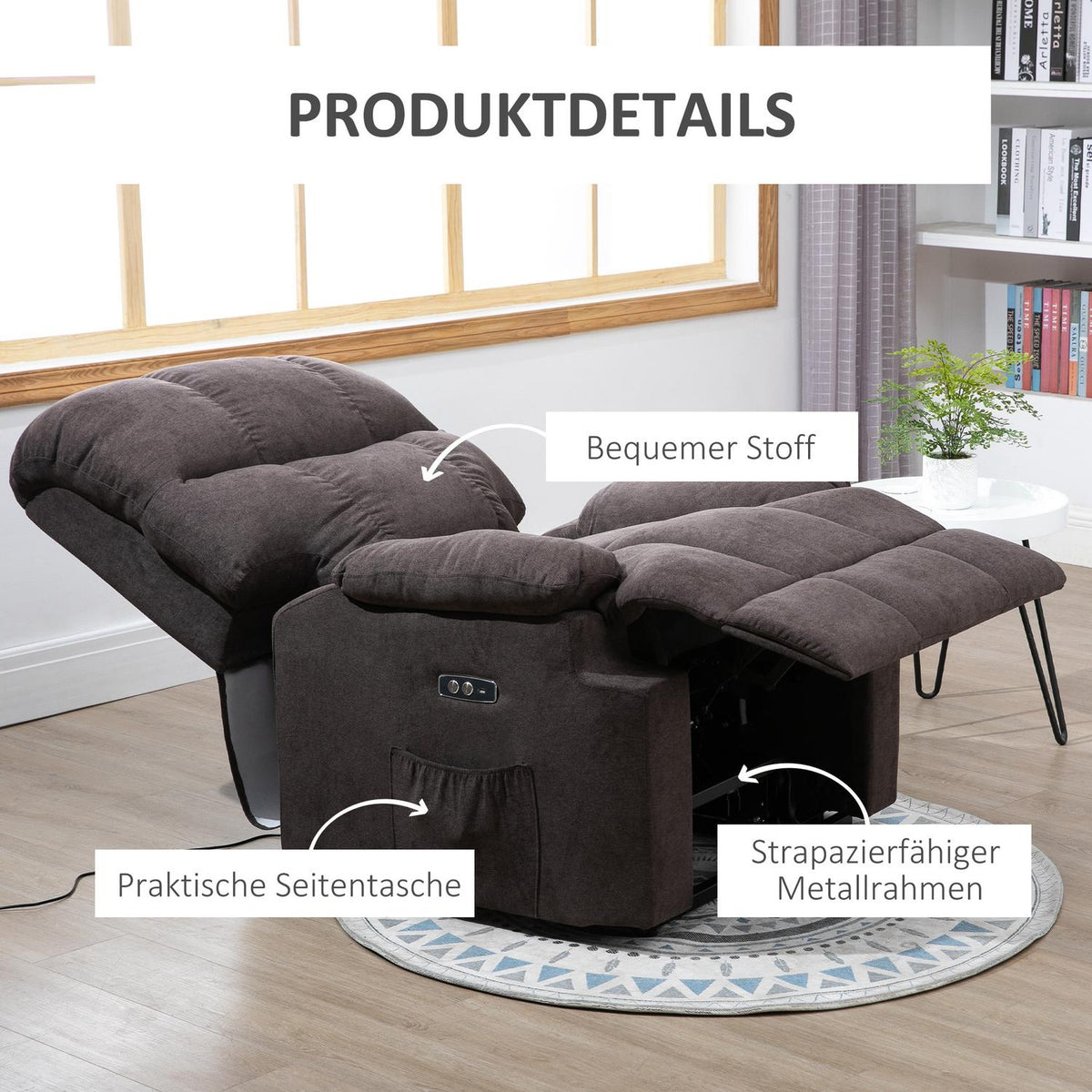 Electric TV chair, relaxation chair with stand-up aid, reclining function, USB port, upholstered TV chair with footrest, side pocket, dark gray
