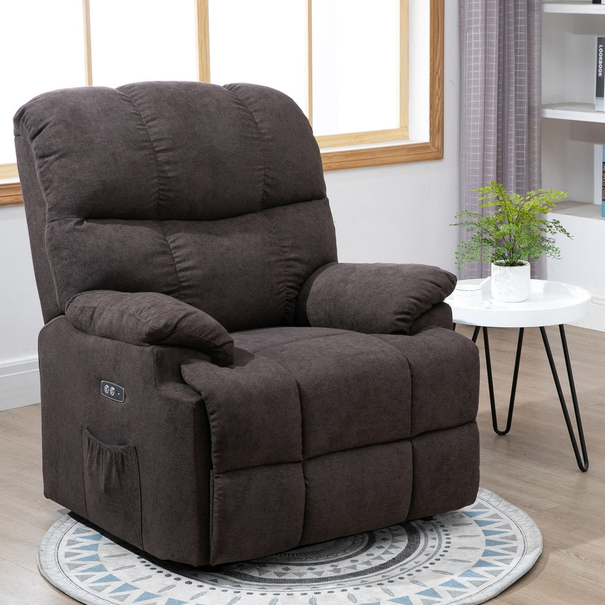 Electric TV chair, relaxation chair with stand-up aid, reclining function, USB port, upholstered TV chair with footrest, side pocket, dark gray