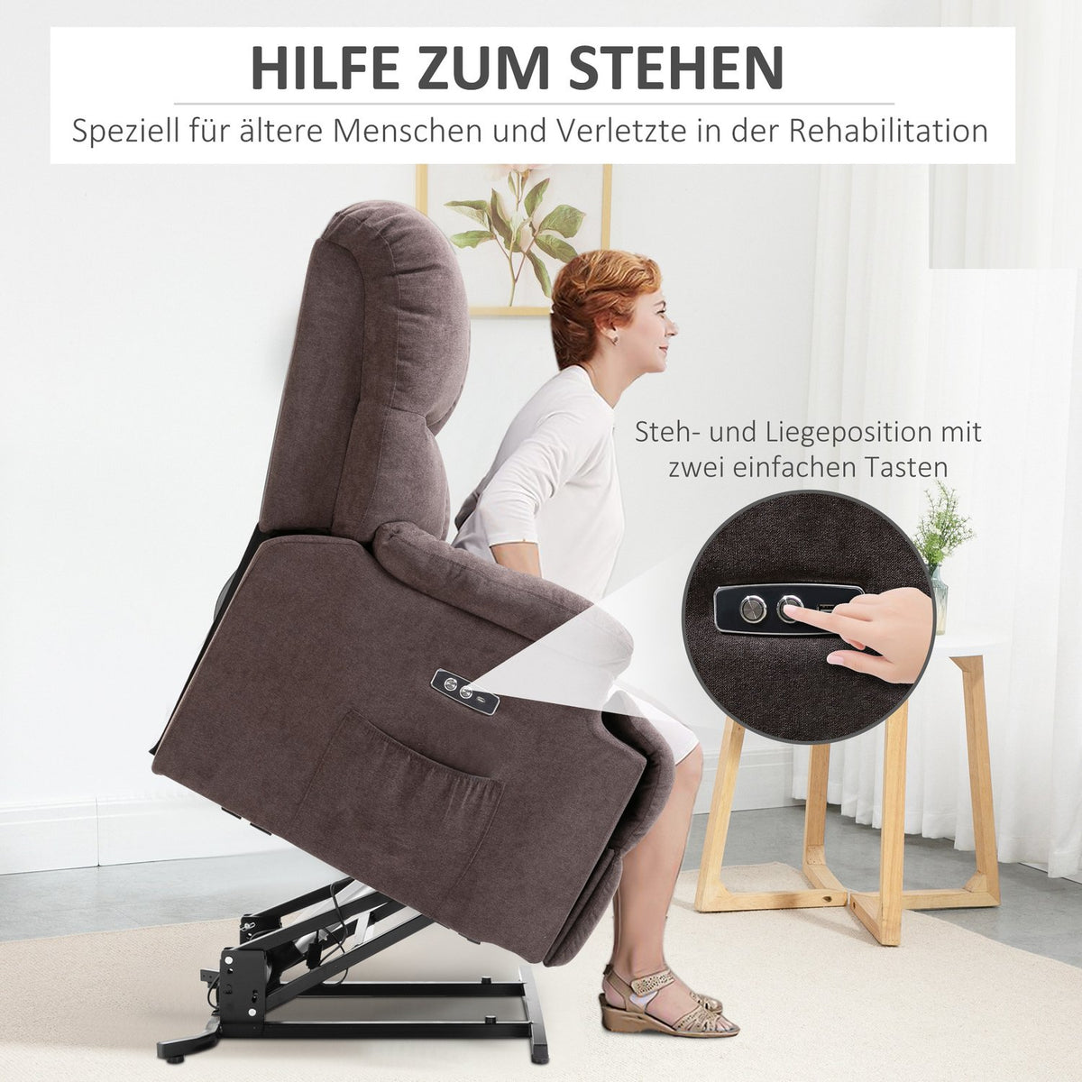 Electric TV chair, relaxation chair with stand-up aid, reclining function, USB port, upholstered TV chair with footrest, side pocket, dark gray