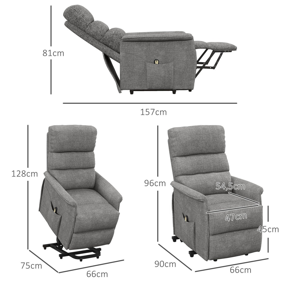 Electric TV chair with stand-up aid, relaxation chair with reclining function, TV chair with linen look, side pocket, remote control