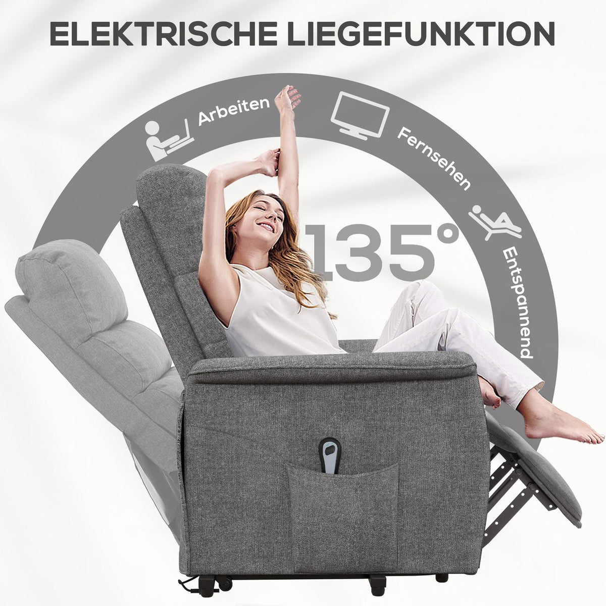 Electric TV chair with stand-up aid, relaxation chair with reclining function, TV chair with linen look, side pocket, remote control