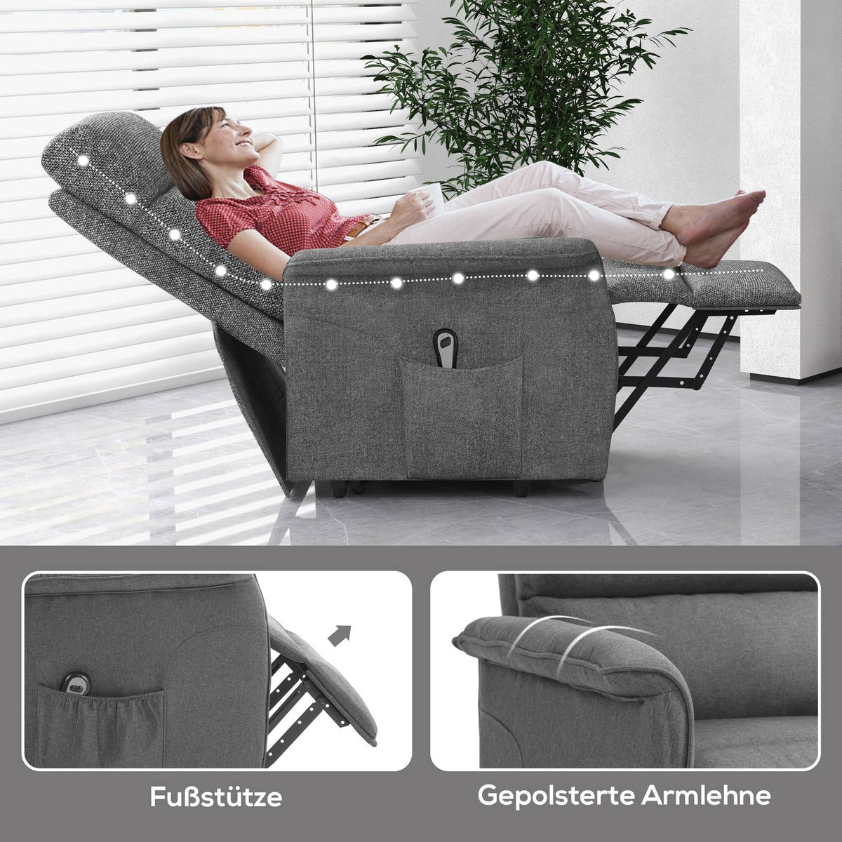 Electric TV chair with stand-up aid, relaxation chair with reclining function, TV chair with linen look, side pocket, remote control