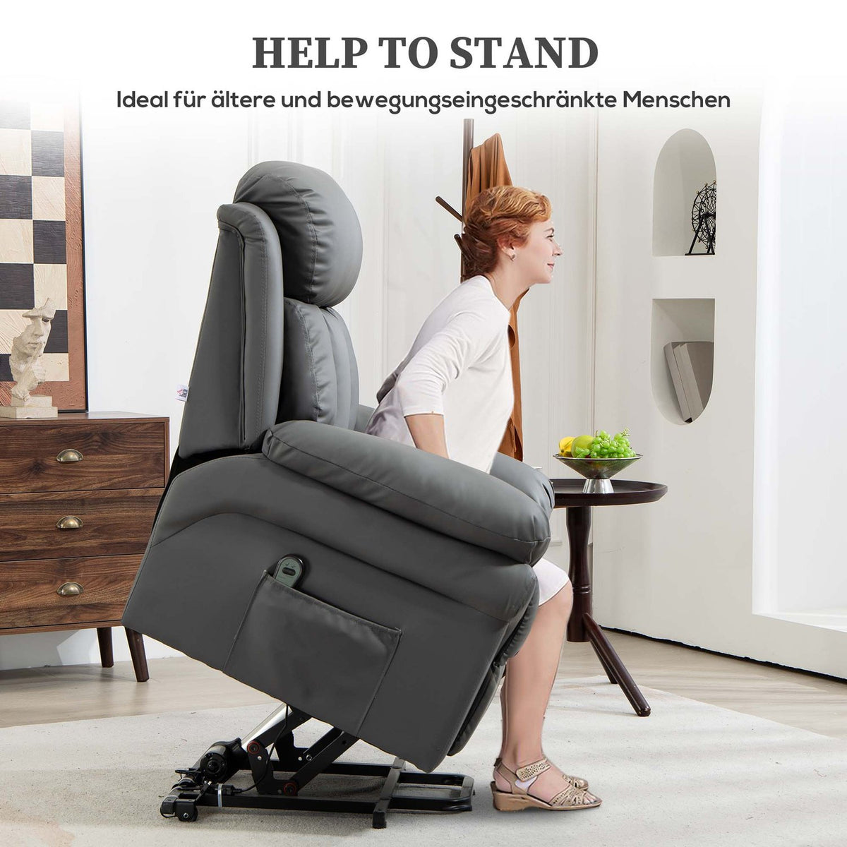 Electric TV chair with stand-up aid, relaxation chair with reclining function, TV chair with remote control, side pocket, for living room