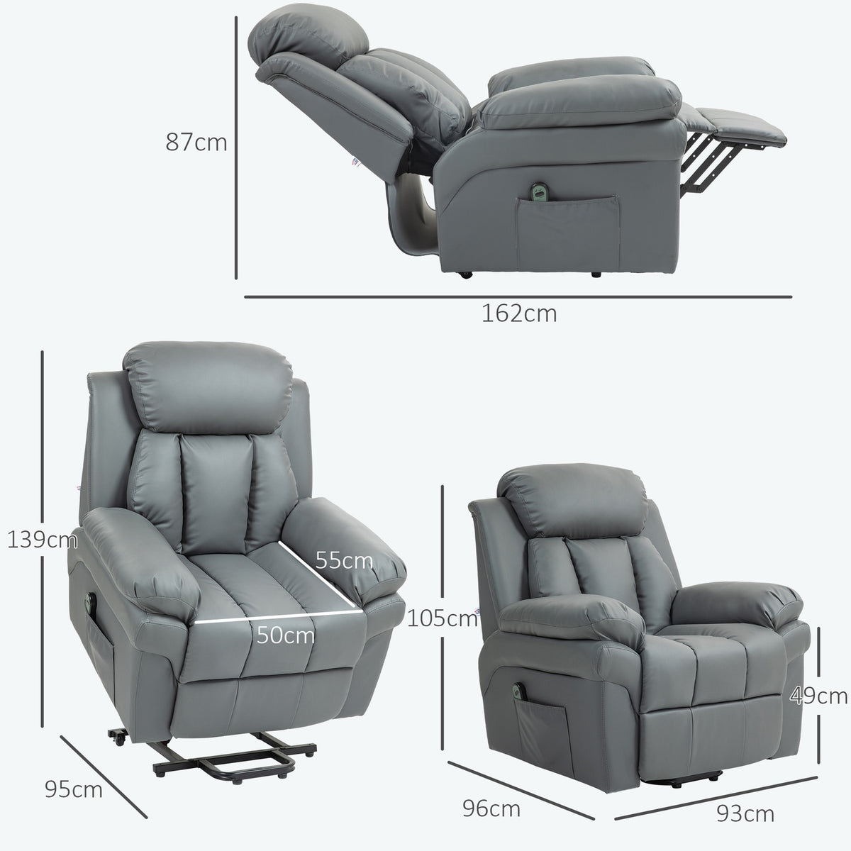 Electric TV chair with stand-up aid, relaxation chair with reclining function, TV chair with remote control, side pocket, for living room