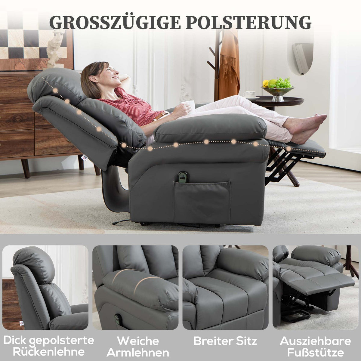 Electric TV chair with stand-up aid, relaxation chair with reclining function, TV chair with remote control, side pocket, for living room
