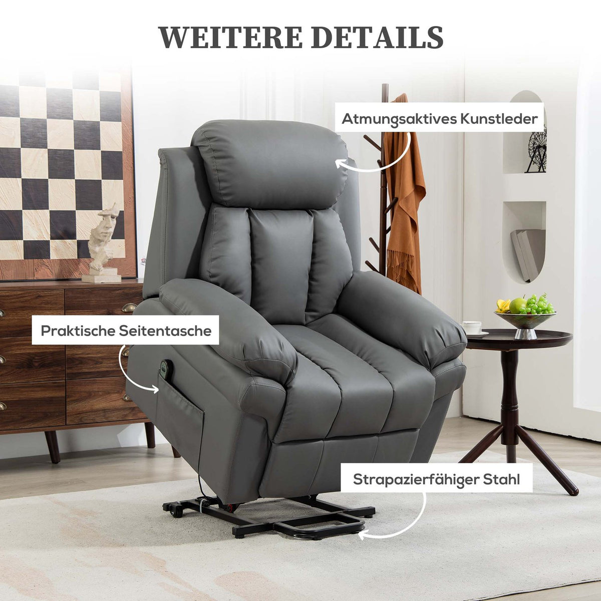 Electric TV chair with stand-up aid, relaxation chair with reclining function, TV chair with remote control, side pocket, for living room