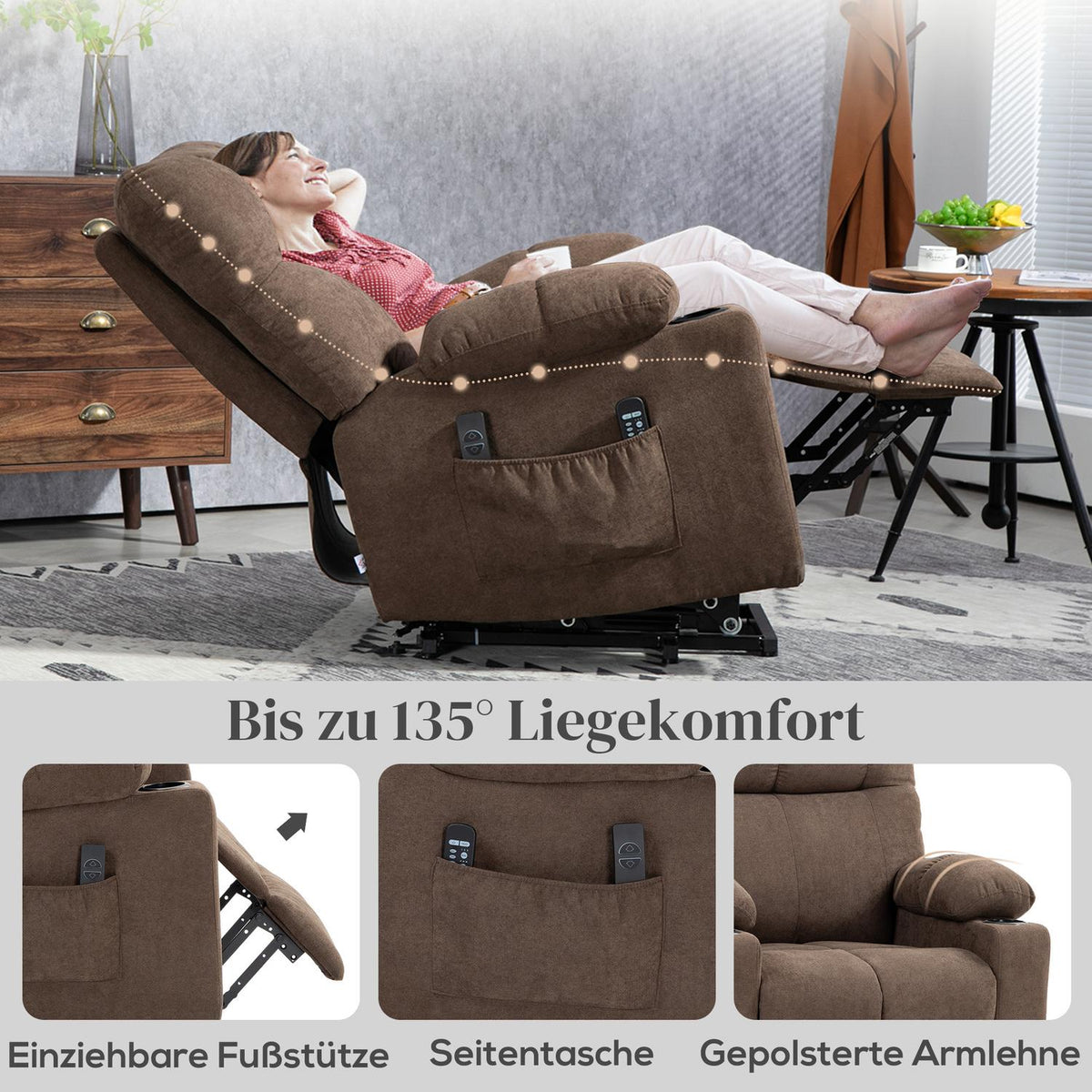 Electric TV chair with stand-up aid, relaxation chair with reclining function, heat and massage function, TV chair with spring system