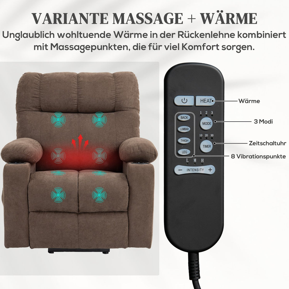 Electric TV chair with stand-up aid, relaxation chair with reclining function, heat and massage function, TV chair with spring system
