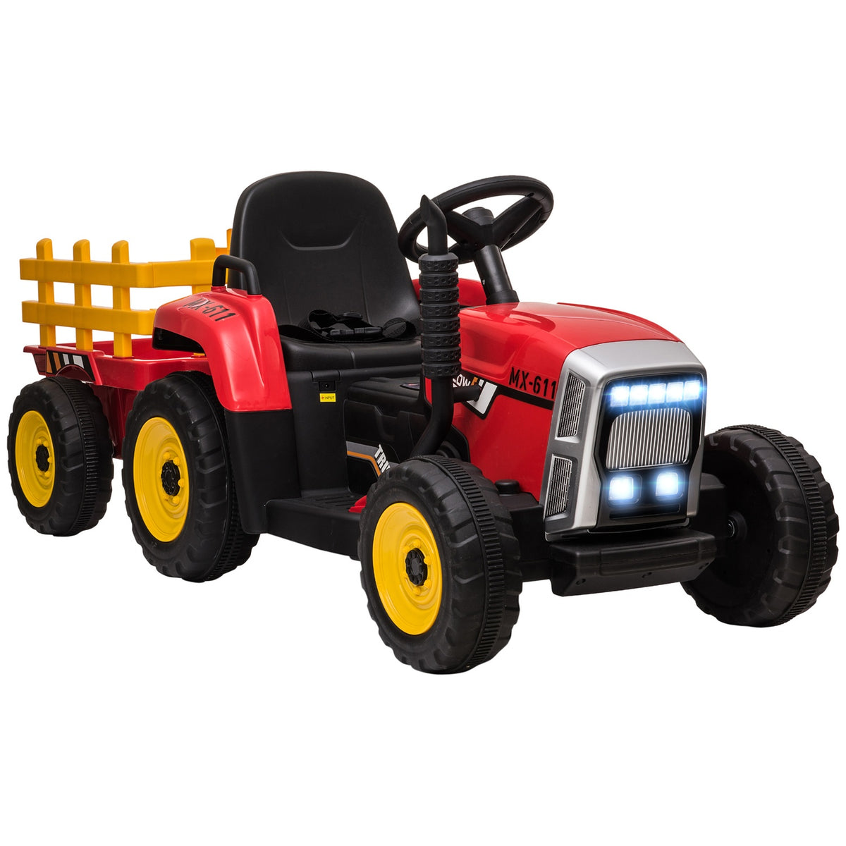 Electric Tractor Children'S Electric Car With Trailer, Remote Control, Mp3, Headlight, 3-6Km/H, Red