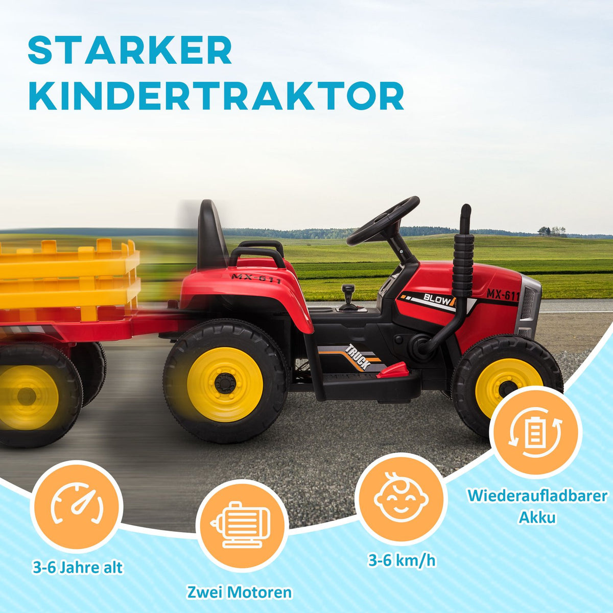 Electric Tractor Children'S Electric Car With Trailer, Remote Control, Mp3, Headlight, 3-6Km/H, Red