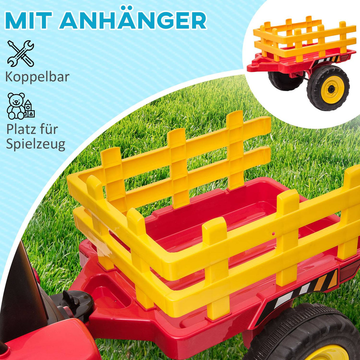 Electric Tractor Children'S Electric Car With Trailer, Remote Control, Mp3, Headlight, 3-6Km/H, Red